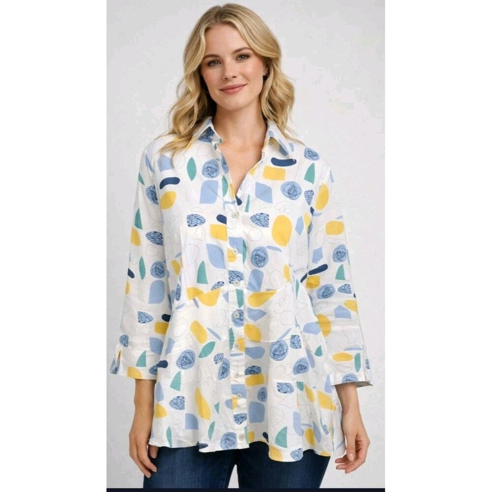 Cali Girl Size M Blouse Button Front Layers Slit Sleeves Cotton